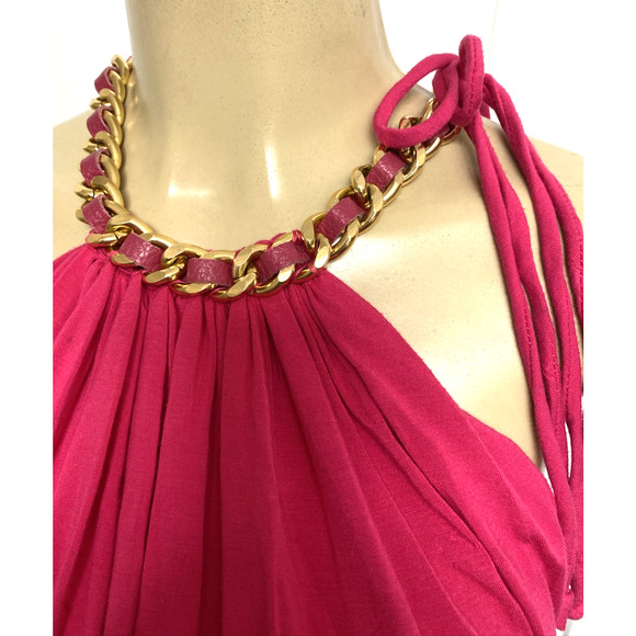 Sky Top Blouse Shirt Sleeveless Gold Chain Embellished Neck Pink Tie Strap XS - Picture 2 of 5